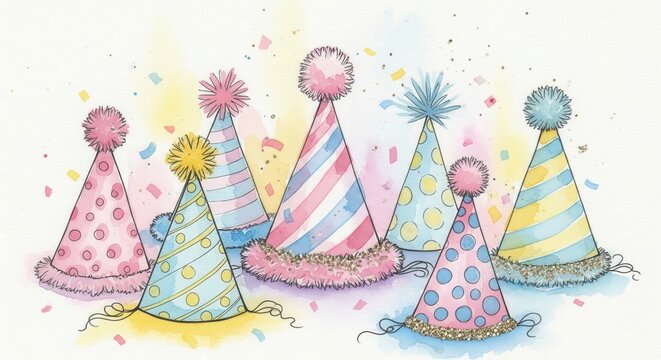 Whimsical watercolor illustration of colorful party hats with confetti. This charming hand-painted artwork evokes a cheerful mood, perfect for birthday cards, invitations or festive designs.