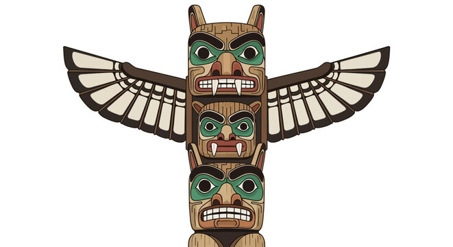 Intricate Vector Illustration of a Traditional Native American Totem Pole with Wings Isolated on White