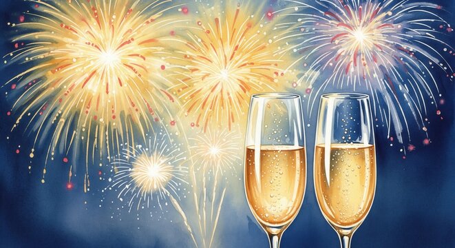 Watercolor illustration of two champagne glasses with fireworks in the night sky. Festive concept for New Year's Eve, holiday party, or celebration. Ideal for invitations and greeting cards.