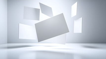 Floating blank rectangular panels in a minimalist space with copy space for design elements