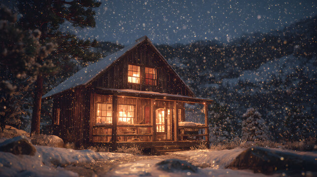 Rustic wooden cabin with glowing windows, cinematic snowfall and mountain background, tranquil festive night