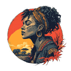 Young African woman with flora and fauna at sunset sticker isolated on a cut out PNG transparent background
