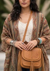 Woman in a bohemian style outfit with a patterned kimono and accessories. Vertical close-up on boho-chic fashion details, jewelry, and a brown leather bag