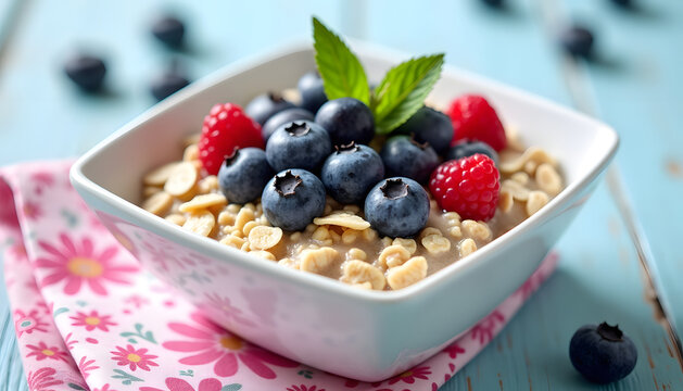Delicious oatmeal with fresh blueberries and raspberries in a white bowl