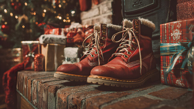 Santa boots beside chimney filled with gifts, low-angle perspective and warm tone balance, playful nostalgia