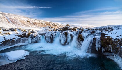 Fototapeta premium Frozen Waterfall On The River In Winter On The Way From Seyeisfjoreur To Skalanes Iceland