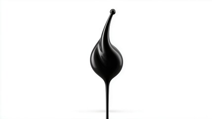 Black Glossy Fluid Sculpture In Abstract Teardrop Shape On White Background. Minimalist Modern 3D Render With Smooth Texture