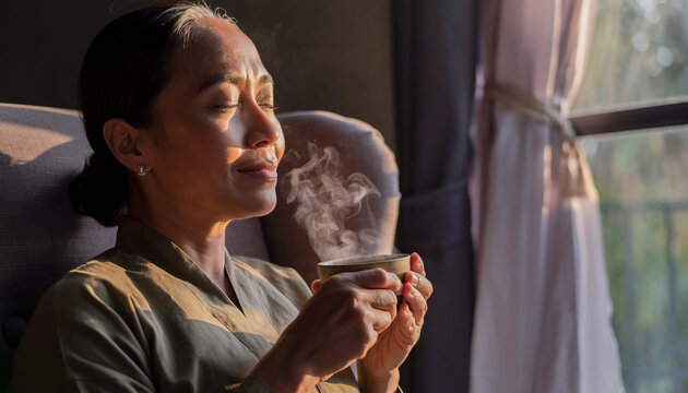 Serene senior Asian woman relaxing with eyes closed, holding a steaming mug of hot tea or coffee, and smiling peacefully by a window with warm morning sunlight.