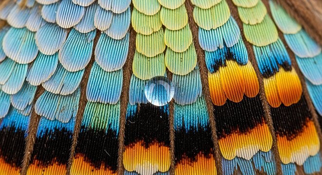 Macro close-up of vibrant colorful butterfly wing scales with a sparkling water droplet, showcasing intricate natural patterns and textures.