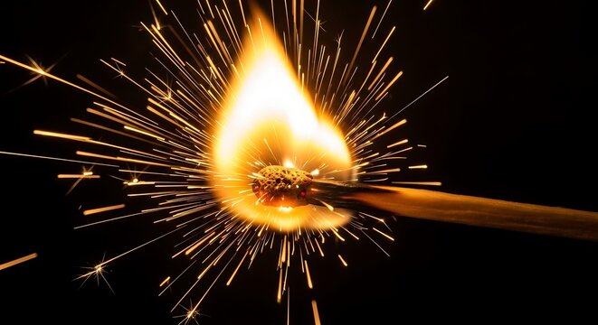Close-up of a wooden matchstick igniting with bright flame and dynamic sparks on a black background - Powered by Adobe