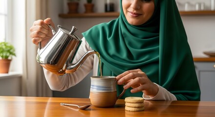 A woman wearing a green hijab is pouring tea into a mug while sitting at a wooden table with cookies in a cozy kitchen setting