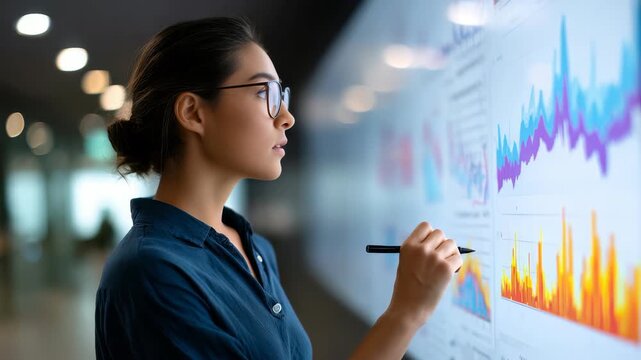 A professional female analyst examines colorful graphs and statistics on a futuristic touchscreen display. The scene captures innovation, technology, and data driven decision making in business