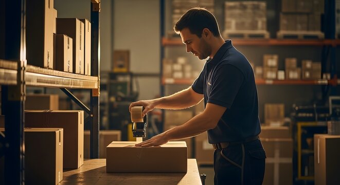 A young man working in a warehouse or storage facility, sealing a cardboard box with tape for shipping or inventory purposes