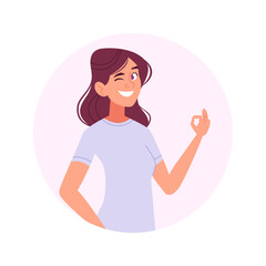 Cheerful Woman Winking and Showing OK Sign