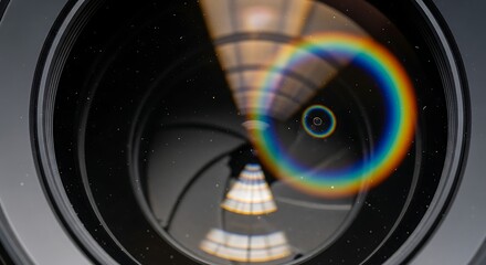 Macro Close-Up of a Dusty Camera Lens with Visible Aperture and Colorful Rainbow Light Flare