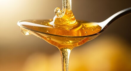 Macro shot of vibrant golden honey cascading and dripping onto a shiny metallic spoon, showcasing its thick, sweet consistency and luminous highlights against a warm, blurred background.