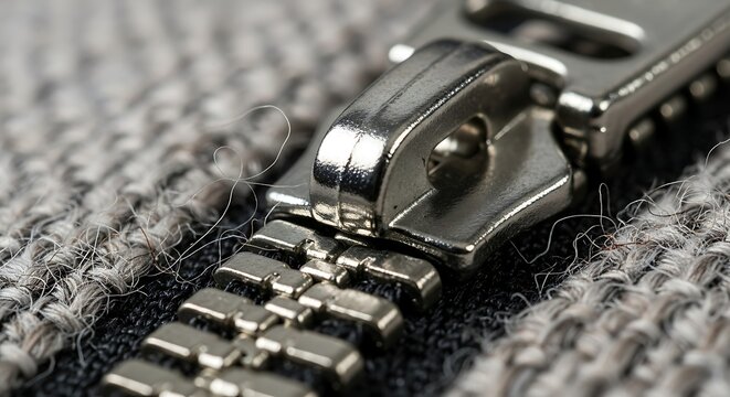 Macro view of a shiny metallic zipper pull and teeth on textured grey fabric with detailed loose threads