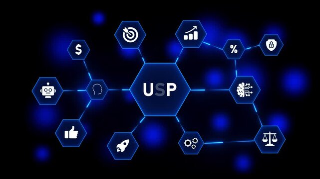 USP Hexagonal Network Diagram with Business Icons and Blue Glowing Background Unique Selling Proposition