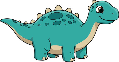 Cartoon dinosaur character, teal sauropod with friendly smile, long neck, vector illustration for kids, prehistoric, education, wildlife, Jurassic theme