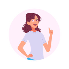 Happy young woman pointing up with finger, presenting idea or solution