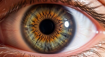 Extreme Macro Close-up of Detailed Human Eye Showing Green and Brown Iris, Pupil, Sclera, and Eyelashes © Rockesih