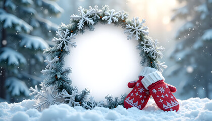 Festive winter scene with snowflake wreath and cozy red mittens in the snow