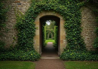 Fototapeta premium An enchanting, secluded garden entrance, framed by ancient stone and climbing ivy, hints at a hidden, tranquil world within ,entrance ,vibrant ,refuge