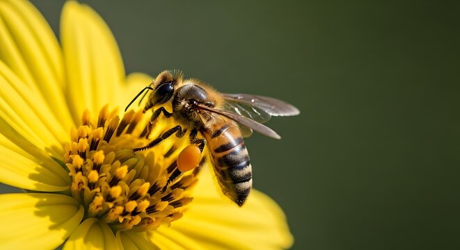 Macro closeup of a honeybee collecting bright orange pollen on a yellow flower in sunlight, showcasing nature's pollination process.
