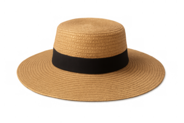 Straw boater hat with black ribbon, summer fashion accessory for sun protection and beachwear, transparent background