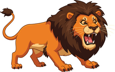 Cartoon lion roaring, aggressive jungle animal pose, sharp teeth, wild predator character, vector illustration for kids, wildlife, education, safari