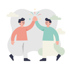 Two Male Friends Celebrating Success With A High Five Gesture In A Simple Flat Vector Illustration Style With Pastel Colors And Soft Shapes