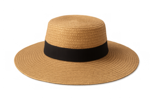 Straw boater hat with black ribbon, summer fashion accessory for sun protection and beachwear, transparent background