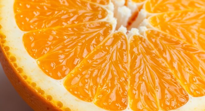 Detailed macro shot of a freshly cut orange slice, highlighting its vibrant orange color, juicy flesh, and intricate segmented texture.