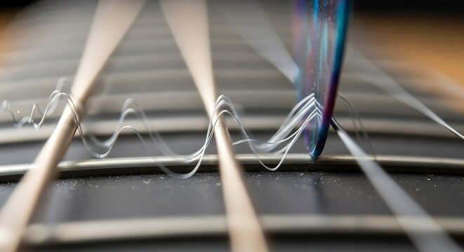 Close-up of guitar strings vibrating and being strummed by a pick, illustrating sound waves and musical energy.
