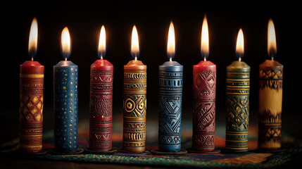 Colorful Kwanzaa candles symbolizing seven cultural principles 