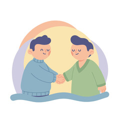 Two Men Shaking Hands Exchanging a Package Representing Cooperation and Partnership with a Pastel Colored Background