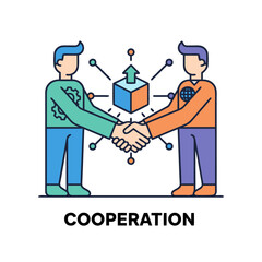 Two Men Shaking Hands In Agreement With Technology Symbols Representing Unity And Resolution Of Conflict In A Flat Vector Style
