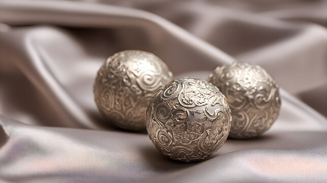 Silver ornaments resting on silk background, macro highlights and elegant stillness