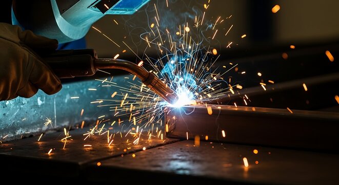 Professional Welder Joining Metal with Arc Welding Torch, Creating Brilliant Sparks in a Dark Industrial Environment