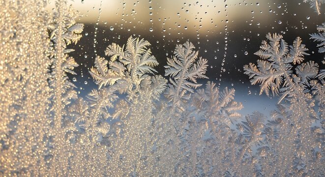 Intricate frost patterns and ice crystals on a window pane, sparkling with water droplets and golden sunlight. - Powered by Adobe