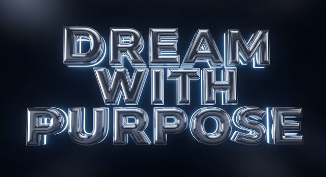 A modern 3D metallic sign displaying the motivational phrase 'Dream with Purpose' illuminated against a dark background, inspiring viewers to pursue their goals with determination