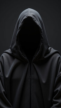 Mysterious figure in black hooded cloak, shrouded in darkness, evokes intrigue and suspense