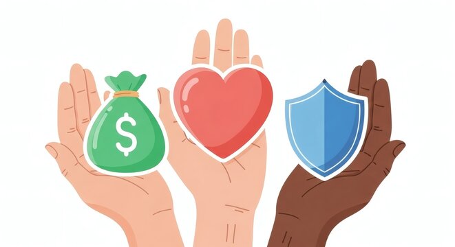 Diverse hands offering financial security, love, and protection for a brighter future, symbolizing trust, care, and wealth management solutions