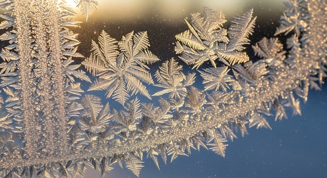 Close-up of intricate frost patterns on a window, sparkling with golden sunlight, creating a beautiful winter background.