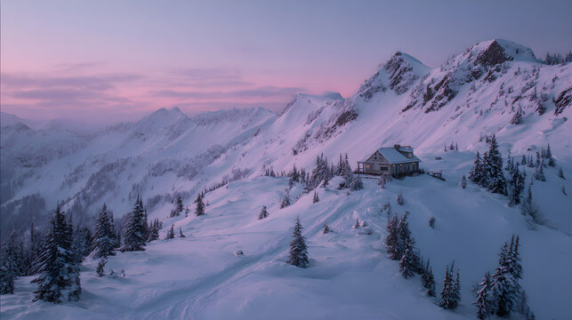 Snow-covered mountain cabin under pink dawn light, atmospheric aerial view, tranquil alpine charm