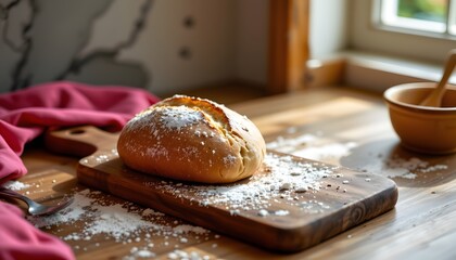 Minimal bread board with single sourdough loaf, flour dusting, sunlit shelf