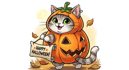 Cartoon cat in pumpkin costume holding halloween banner illustration