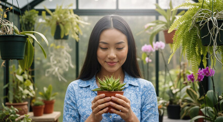 A smiling woman in a blue print blouse gently holds a succulent plant in a bright greenhouse, creating a nurturing and calm mood.