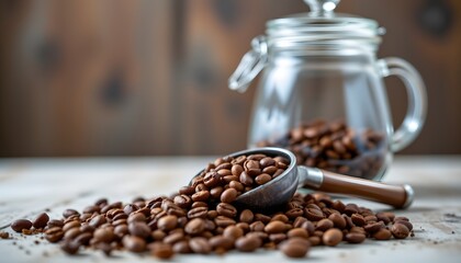 Coffee scoop overflowing beans, glass storage jar behind, warm vignette