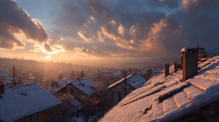 Snow-covered rooftops under golden dawn, panoramic view and serene composition